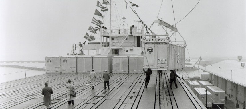 Loading a container on the deck of conteiner ship SS Ideal X in 1956