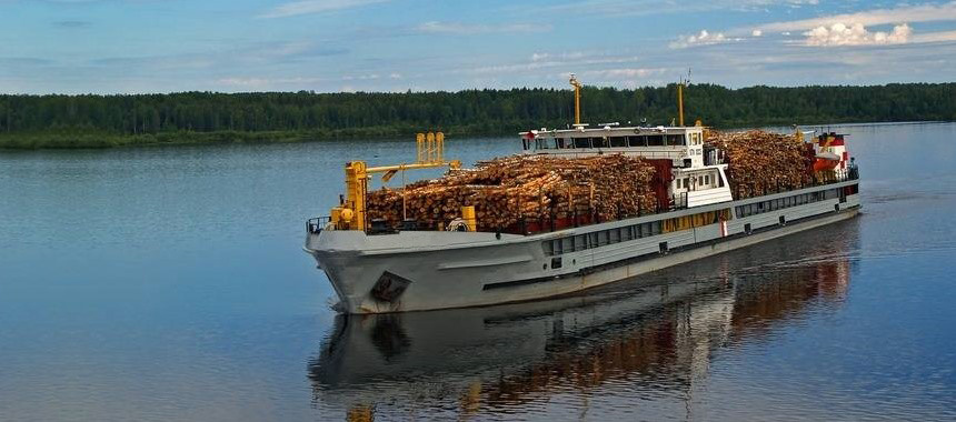 Сухогрузное речное судно перевозит лес