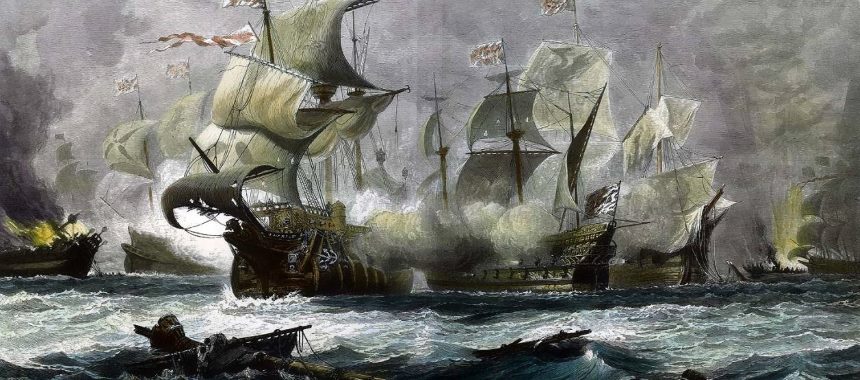 Морской бой испанского галеона и британского линейного корабля